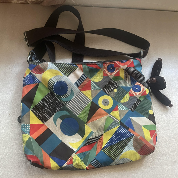 Kipling Crossbody Bag Multi Geometric Nylon Zip Pockets Monkey Keychain HB6141 - Picture 4 of 15